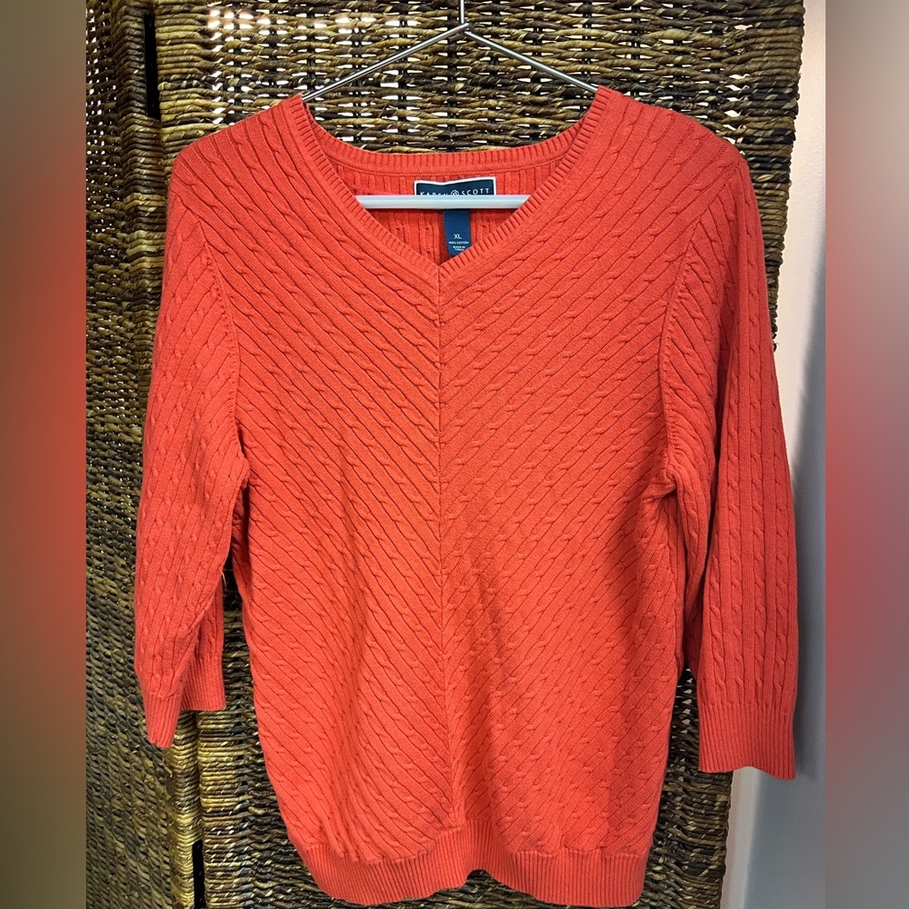 Karen Scott -Cable Sweater-Coral, Size: XL